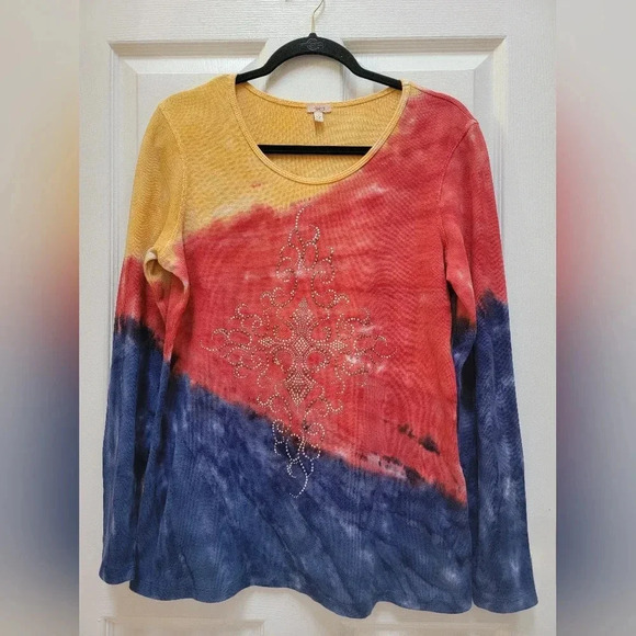 Reba McEntire Tie Dye Long Sleeve Rhinestone Embellished Waffle Thermal Size L - Picture 1 of 3